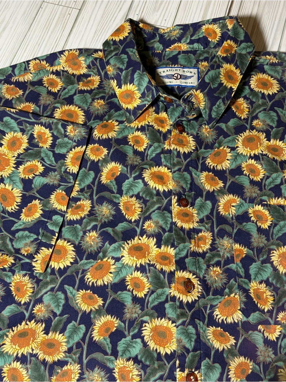 Straight Down Sunflower Floral Button Shirt Womens XL Blue Cotton Cottagecore